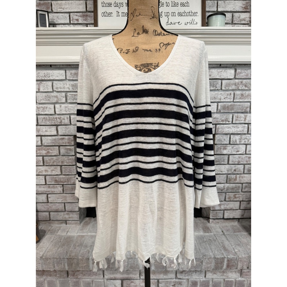 Talbots Linen Sweater Womens 1X White Black Striped Tassel Fringe Coastal Preppy